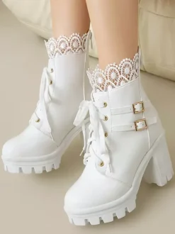 Sweet Lolita Boots PU Leather Bows Round Toe Pink Lolita Shoes
