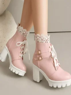 Sweet Lolita Boots PU Leather Bows Round Toe Pink Lolita Shoes