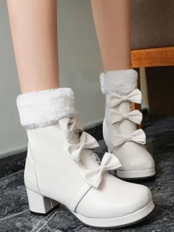 Sweet Lolita Boots Round Toe Black Bows Chunky Heel Lolita Boots