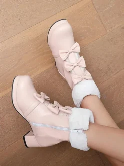 Sweet Lolita Boots Round Toe Black Bows Chunky Heel Lolita Boots