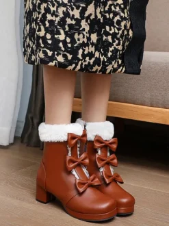 Sweet Lolita Boots Round Toe Black Bows Chunky Heel Lolita Boots