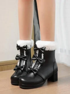 Sweet Lolita Boots Round Toe Black Bows Chunky Heel Lolita Boots