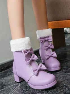 Sweet Lolita Boots Round Toe Black Bows Chunky Heel Lolita Boots