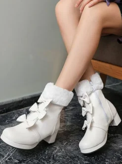 Sweet Lolita Boots Round Toe Black Bows Chunky Heel Lolita Boots