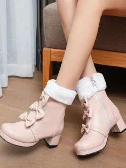 Sweet Lolita Boots Round Toe Black Bows Chunky Heel Lolita Boots