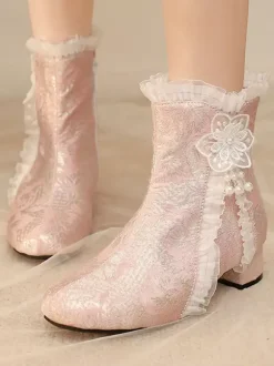 Sweet Lolita Boots Soft Pink Bows Round Toe Textile Lolita Shoes