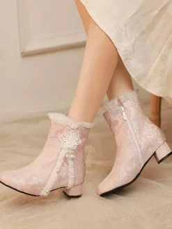 Sweet Lolita Boots Soft Pink Bows Round Toe Textile Lolita Shoes