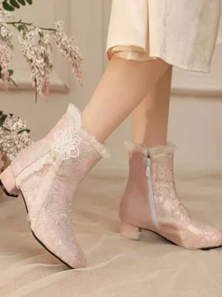 Sweet Lolita Boots Soft Pink Bows Round Toe Textile Lolita Shoes
