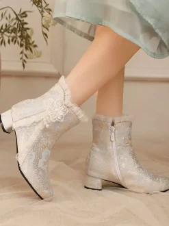 Sweet Lolita Boots Soft Pink Bows Round Toe Textile Lolita Shoes