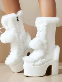 Sweet Lolita Boots Suede Nap Bows Round Toe White Lolita Footwear