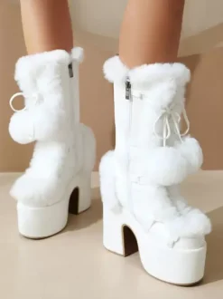 Sweet Lolita Boots Suede Nap Bows Round Toe White Lolita Footwear