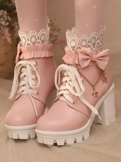 Sweet Lolita Boots White Bows Lace Round Toe PU Leather Lolita Shoes