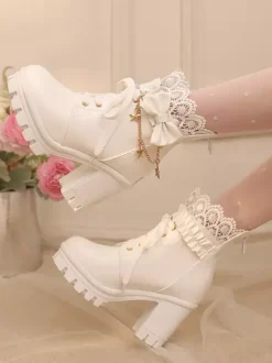 Sweet Lolita Boots White Bows Lace Round Toe PU Leather Lolita Shoes