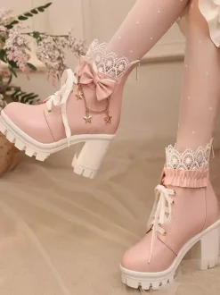 Sweet Lolita Boots White Bows Lace Round Toe PU Leather Lolita Shoes