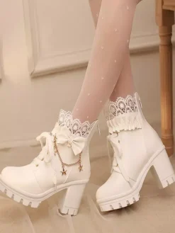 Sweet Lolita Boots White Bows Lace Round Toe PU Leather Lolita Shoes