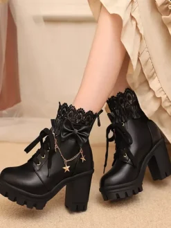 Sweet Lolita Boots White Bows Lace Round Toe PU Leather Lolita Shoes