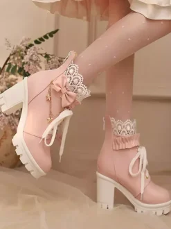 Sweet Lolita Boots White Bows Lace Round Toe PU Leather Lolita Shoes