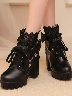 Sweet Lolita Boots White Bows Lace Round Toe PU Leather Lolita Shoes