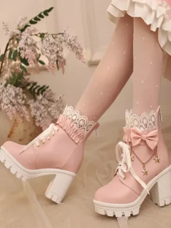 Sweet Lolita Boots White Bows Lace Round Toe PU Leather Lolita Shoes