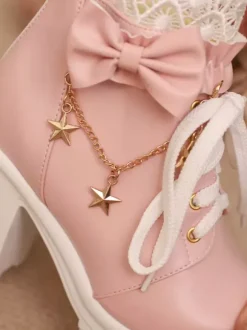 Sweet Lolita Boots White Bows Lace Round Toe PU Leather Lolita Shoes
