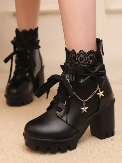 Sweet Lolita Boots White Bows Lace Round Toe PU Leather Lolita Shoes