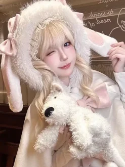 Sweet Lolita Cape Bow Rabbit Ear Trimmed Premium Rabbit Fur Cloak Warm Cute Outerwear