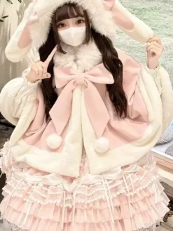 Sweet Lolita Cape Bow Rabbit Ear Trimmed Premium Rabbit Fur Cloak Warm Cute Outerwear