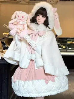 Sweet Lolita Cape Bow Rabbit Ear Trimmed Premium Rabbit Fur Cloak Warm Cute Outerwear