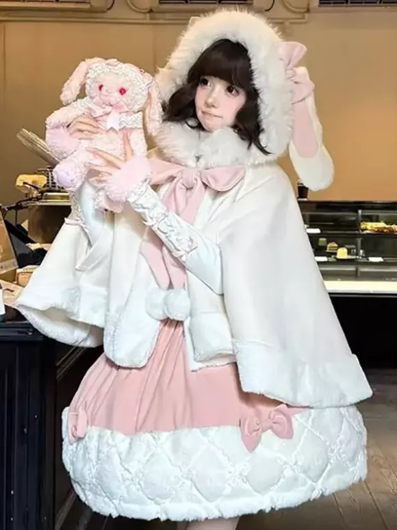 Sweet Lolita Cape Bow Rabbit Ear Trimmed Premium Rabbit Fur Cloak Warm Cute Outerwear