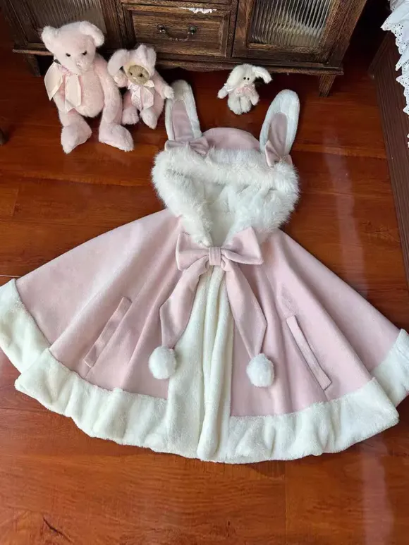 Sweet Lolita Cape Bow Rabbit Ear Trimmed Premium Rabbit Fur Cloak Warm Cute Outerwear
