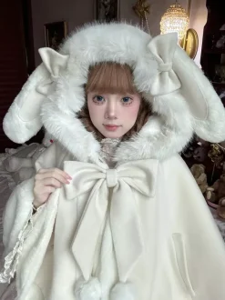 Sweet Lolita Cape Bow Rabbit Ear Trimmed Premium Rabbit Fur Cloak Warm Cute Outerwear