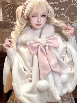 Sweet Lolita Cape Bow Rabbit Ear Trimmed Premium Rabbit Fur Cloak Warm Cute Outerwear