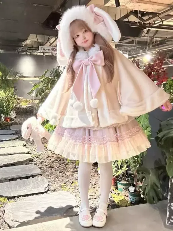 Sweet Lolita Cape Bow Rabbit Ear Trimmed Premium Rabbit Fur Cloak Warm Cute Outerwear