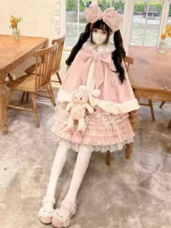 Sweet Lolita Cape Bow Rabbit Ear Trimmed Premium Rabbit Fur Cloak Warm Cute Outerwear