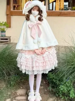 Sweet Lolita Cape Bow Rabbit Ear Trimmed Premium Rabbit Fur Cloak Warm Cute Outerwear