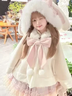Sweet Lolita Cape Bow Rabbit Ear Trimmed Premium Rabbit Fur Cloak Warm Cute Outerwear