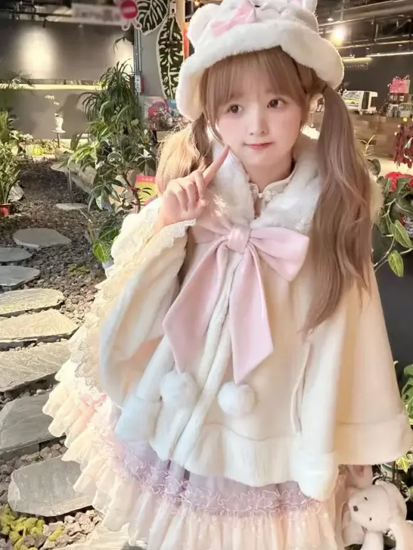 Sweet Lolita Cape Bow Rabbit Ear Trimmed Premium Rabbit Fur Cloak Warm Cute Outerwear