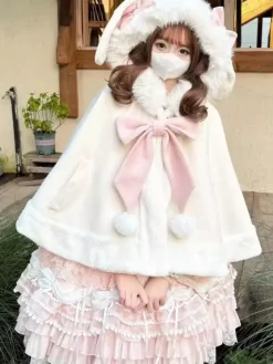 Sweet Lolita Cape Bow Rabbit Ear Trimmed Premium Rabbit Fur Cloak Warm Cute Outerwear