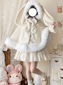 Sweet Lolita Cape Wool Rabbit Ear Hooded Cloak With Pockets For Autumn Winter Lolita Fashion