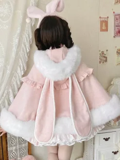 Sweet Lolita Cape Wool Rabbit Ear Hooded Cloak With Pockets For Autumn Winter Lolita Fashion