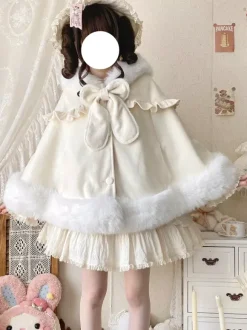 Sweet Lolita Cape Wool Rabbit Ear Hooded Cloak With Pockets For Autumn Winter Lolita Fashion