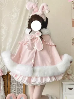 Sweet Lolita Cape Wool Rabbit Ear Hooded Cloak With Pockets For Autumn Winter Lolita Fashion
