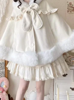 Sweet Lolita Cape Wool Rabbit Ear Hooded Cloak With Pockets For Autumn Winter Lolita Fashion