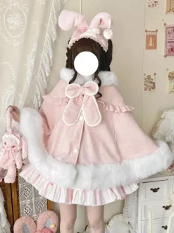 Sweet Lolita Cape Wool Rabbit Ear Hooded Cloak With Pockets For Autumn Winter Lolita Fashion