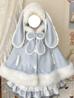 Sweet Lolita Cape Wool Rabbit Ear Hooded Cloak With Pockets For Autumn Winter Lolita Fashion