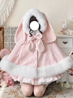 Sweet Lolita Cape Wool Rabbit Ear Hooded Cloak With Pockets For Autumn Winter Lolita Fashion