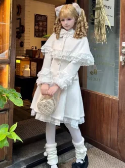 Sweet Lolita Coats Black Bows Overcoat Long Sleeve Fall Winter Lolita Coat With Cape