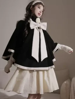 Sweet Lolita Coats Ecru White Bows Polyester Overcoat Coat Two-Tone Winter Lolita Outwears