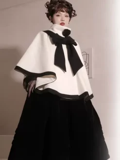 Sweet Lolita Coats Ecru White Bows Polyester Overcoat Coat Two-Tone Winter Lolita Outwears
