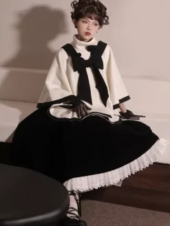 Sweet Lolita Coats Ecru White Bows Polyester Overcoat Coat Two-Tone Winter Lolita Outwears